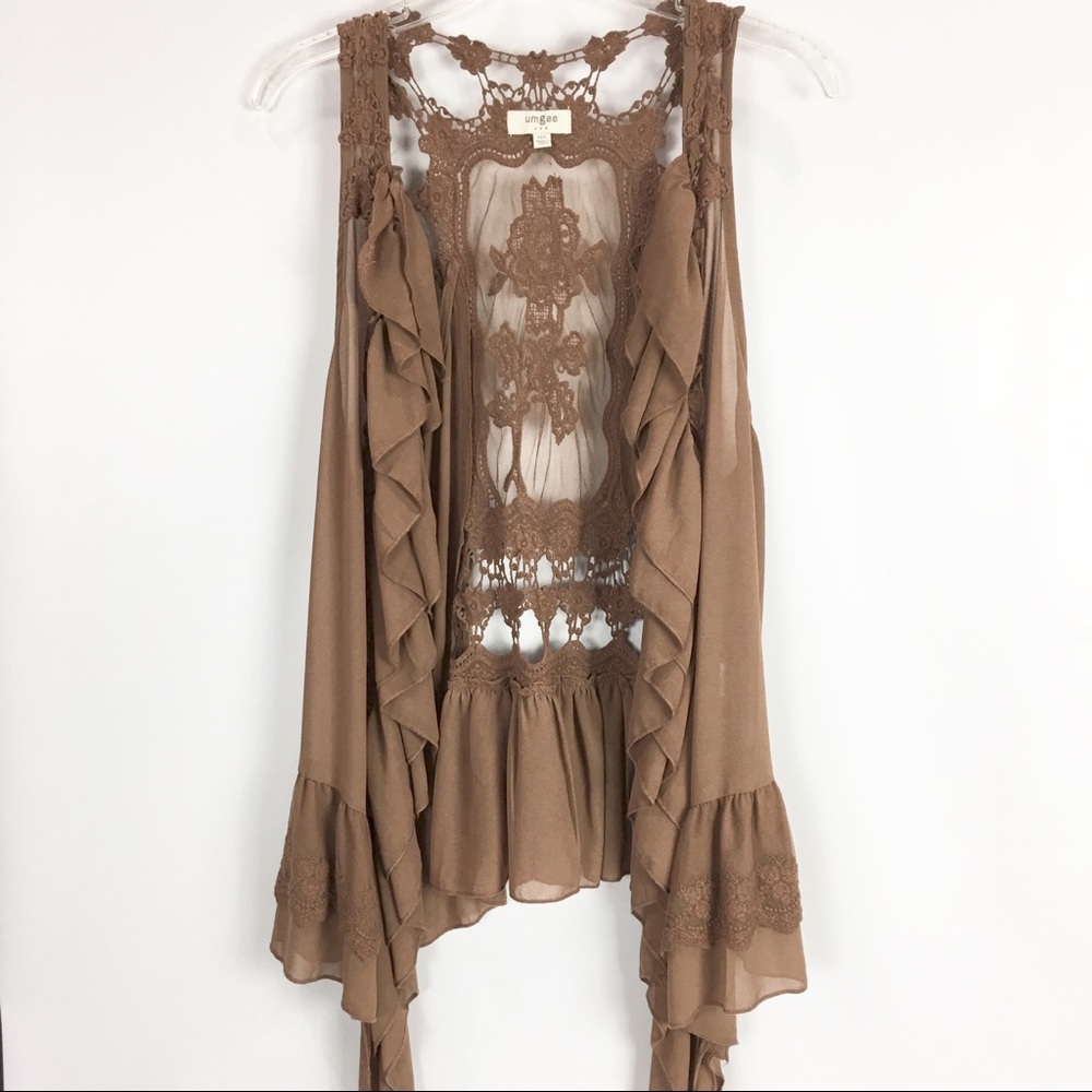 Umgee Ruffle Lace Boho Vest Coffee Brown